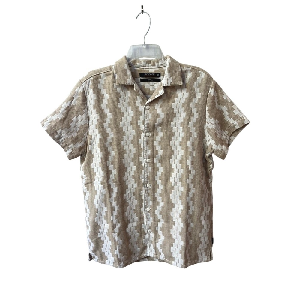 Indicode Textured Knit Short Sleeve Button Down Shirt Mens Small Neutral Geo